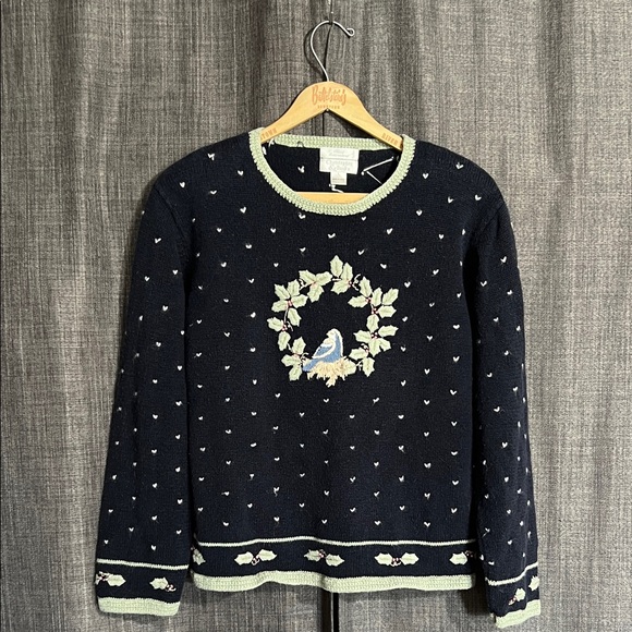 Christopher & banks blue crewneck granny sweater with embroidery large - Picture 1 of 7